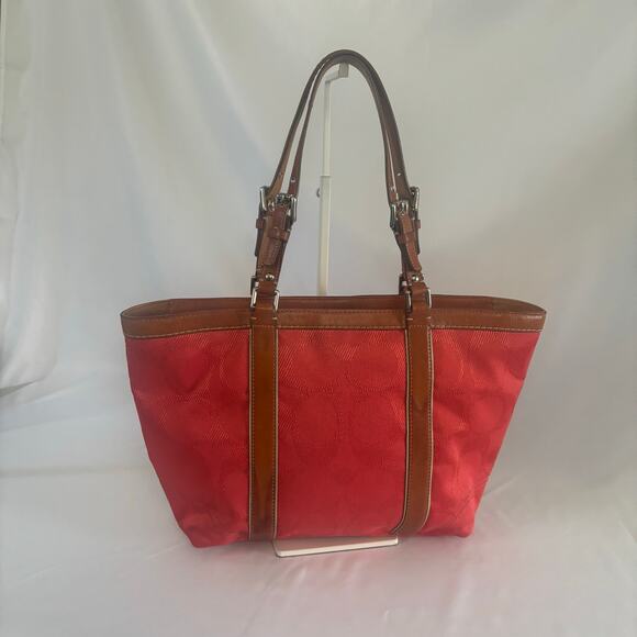 Coach Coral Signature Gallery Tote Bag Red Canvas Leather Monogram Handbag - Picture 3 of 15